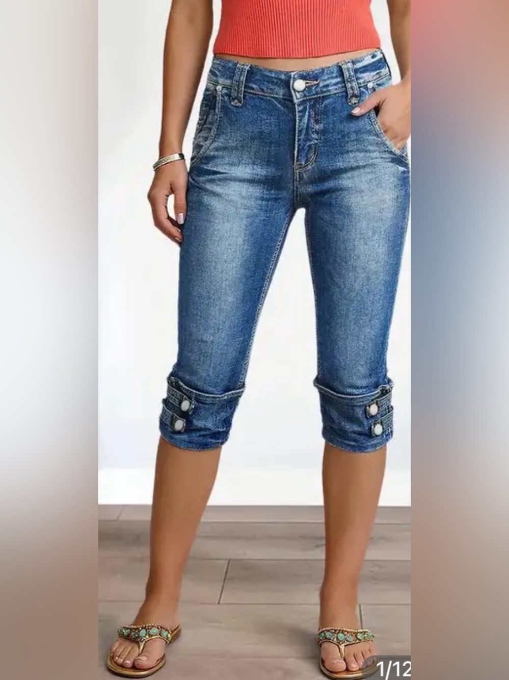 Flamingals Button Tab Roll Hem Mid Waist Skinny Capri Jeans